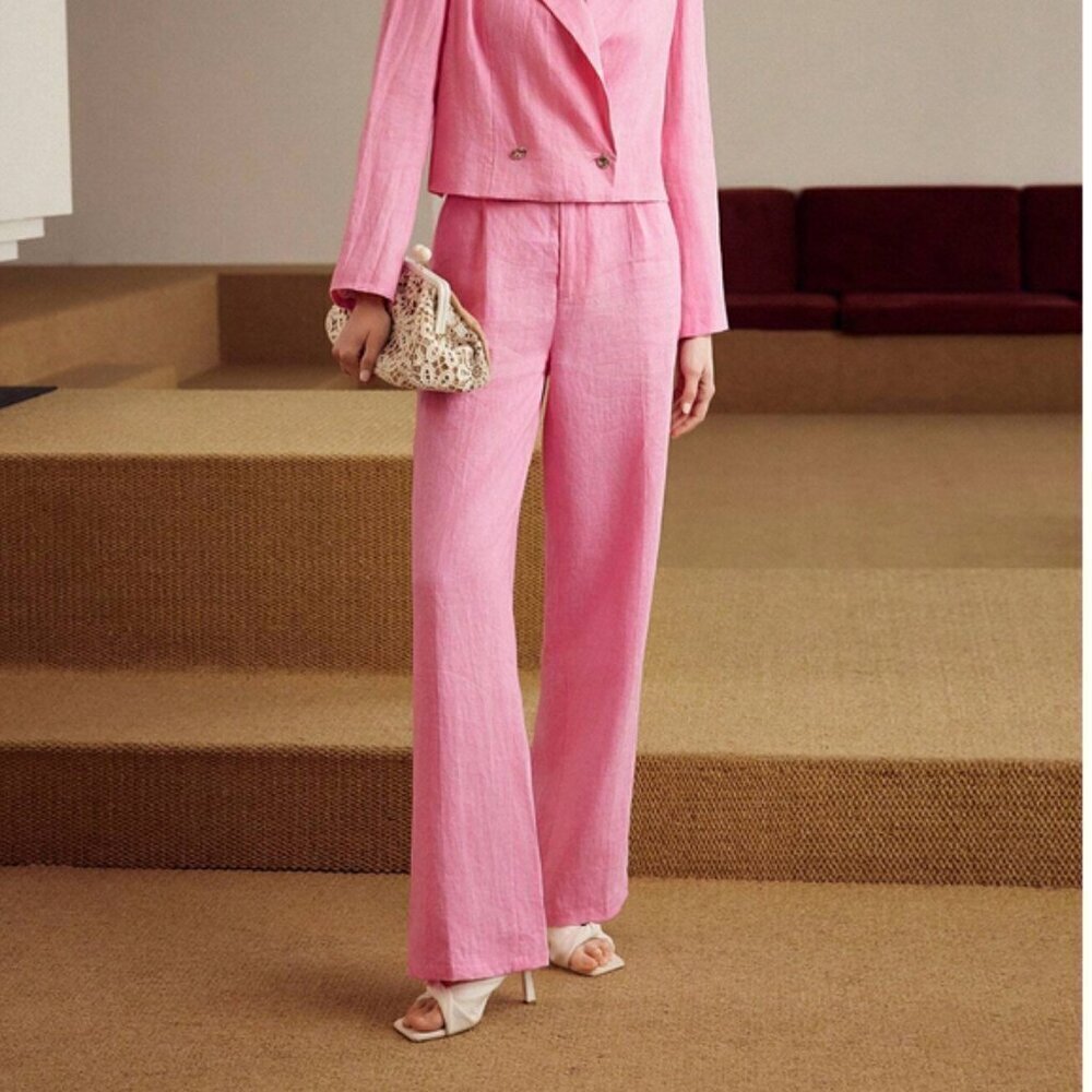 PINK LINEN FOLD PLEATED STRAIGHT LEG SUIT PANTS